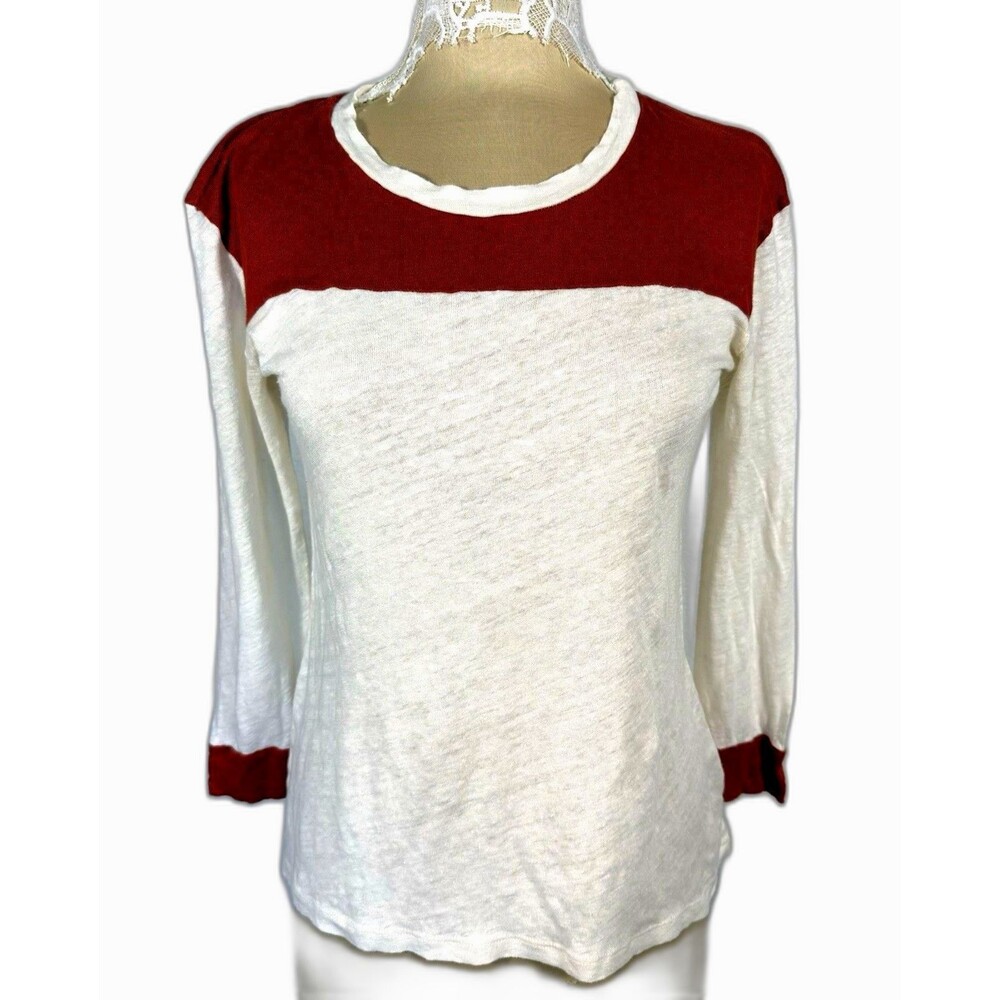 Stateside 100% Linen Colorblock Top Women S Ivory Rust 3/4 Sleeve Made USA